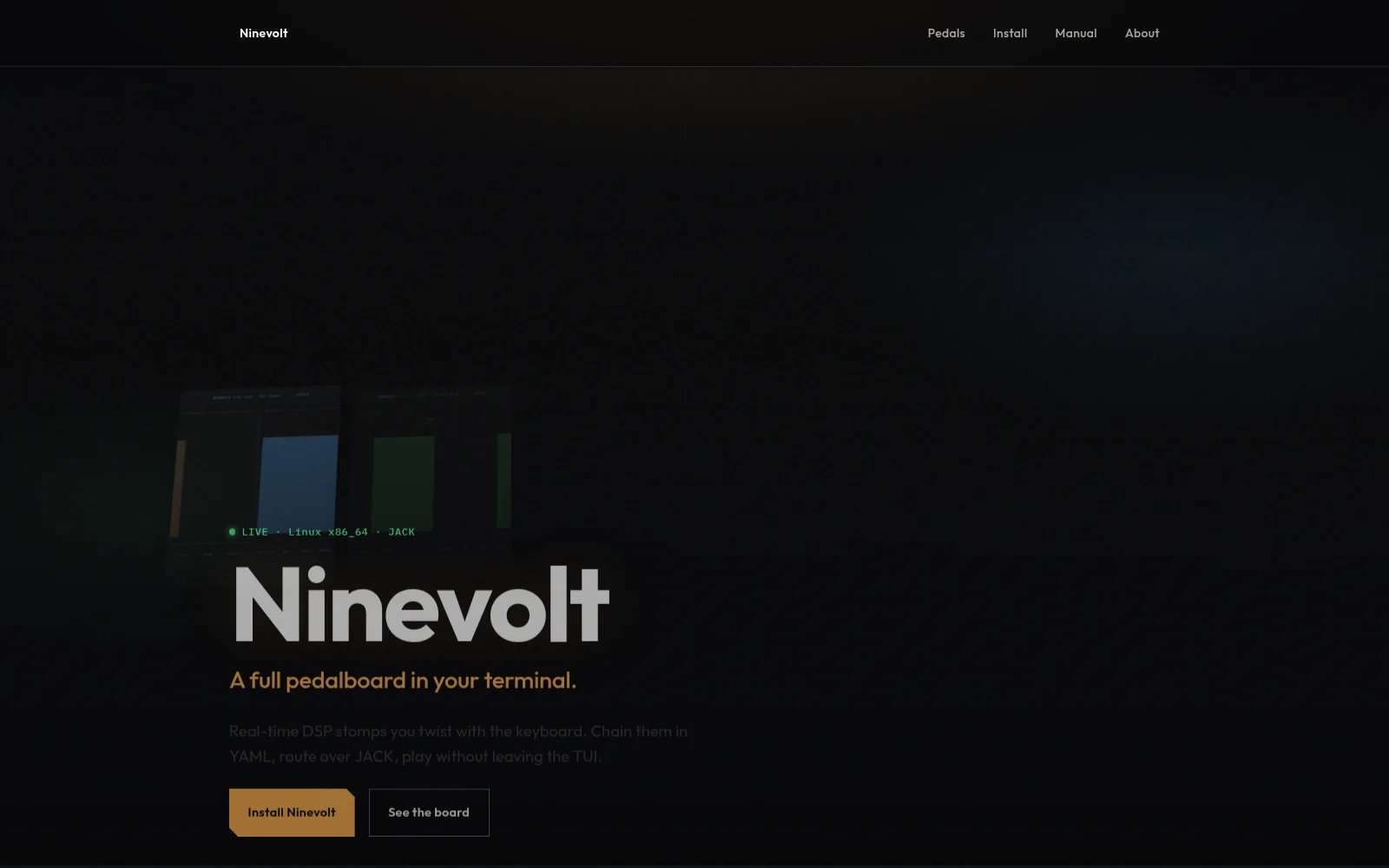 Ninevolt terminal guitar pedalboard running a live effects chain